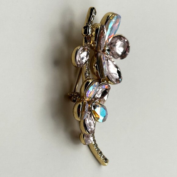 Vintage Monet Floral Brooch Pink Aurora Borealis Rhinestone Gold Tone Pin 2.25” - Picture 10 of 13